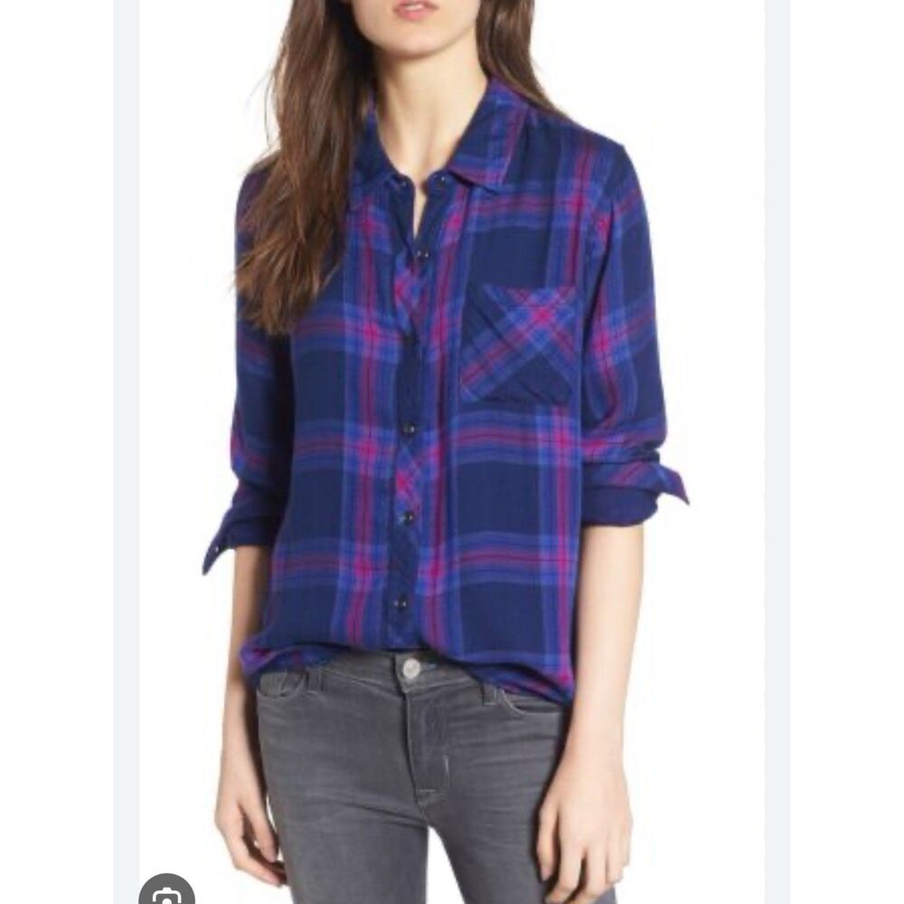 Rails Small Taitum Navy Ultra Violet Button Flannel Shirt Plaid Rayon Womens